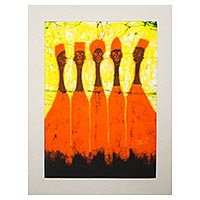 Batik art, 'Five in Orange' - Original Signed Matted Cotton Batik Art from Africa
