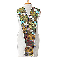 Cotton blend kente cloth scarf, 'African Net' - Green and Multicolor Cotton Blend Kente Cloth Scarf