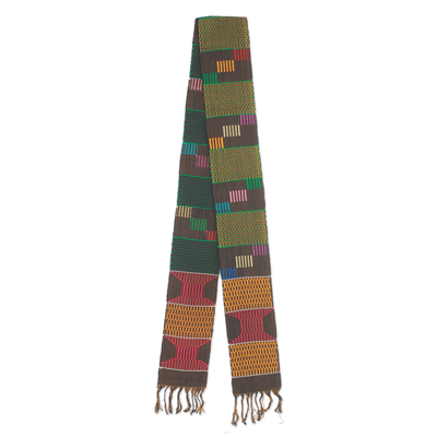 Cotton blend kente cloth scarf, 'African Net' - Green and Multicolor Cotton Blend Kente Cloth Scarf