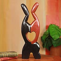 Wood sculpture, 'Everlasting Love' - Hand Carved Wood Sculpture of Lovers with Heart