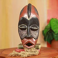 African wood and jute mask, 'Jungle Spirit' - Original African Wood Mask with Jute Beard and Aluminum