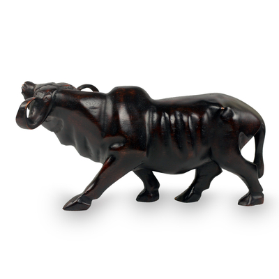 Escultura de madera de teca - Escultura de búfalo africano del Cabo tallada a mano en madera de teca