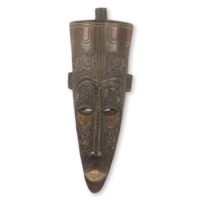 African wood mask, 'In Celebration' - Richly Textured Artisan Carved Brown African Mask