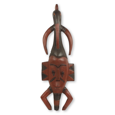 African wood mask, 'Xevi II' - African Wood Wall Mask with Bird Carved by Hand