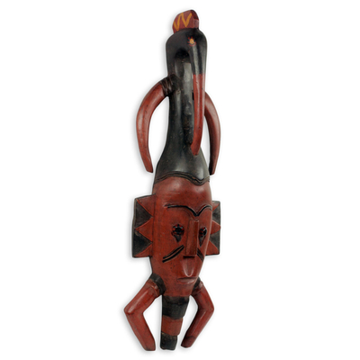 African wood mask, 'Xevi II' - African Wood Wall Mask with Bird Carved by Hand