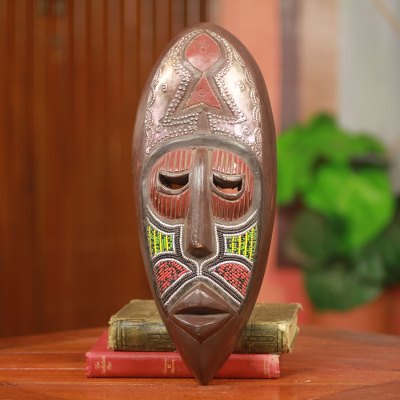 African wood mask, 'Nkwa Dua' - Tree of Life Original African Wood Mask with Beads