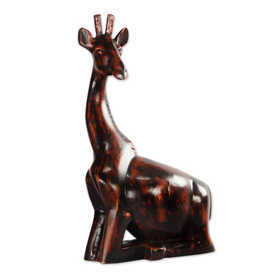 African Hand Carved Wood Kneeling Giraffe Sculpture