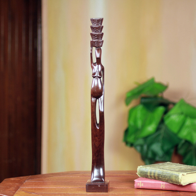 African ebony wood sculpture, 'Obo' - Unique African Hand Carved Ebony Wood Female Figurine