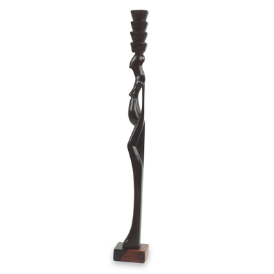 African ebony wood sculpture, 'Obo' - Unique African Hand Carved Ebony Wood Female Figurine