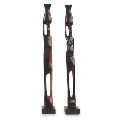 African ebony wood sculptures, 'Couple with Pots' (pair) - Male and Female Ebony Wood Sculptures from Ghana (Pair)