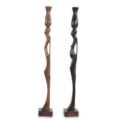 African ebony wood sculptures, 'Couple with Pots' (pair) - Male and Female Ebony Wood Sculptures from Ghana (Pair)
