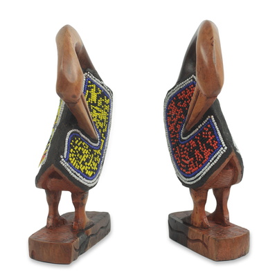 Beaded ebony wood sculptures, 'Sankofa Birds' (pair) - Hand Carved and Beaded Symbolic Bird Sculptures (Pair)