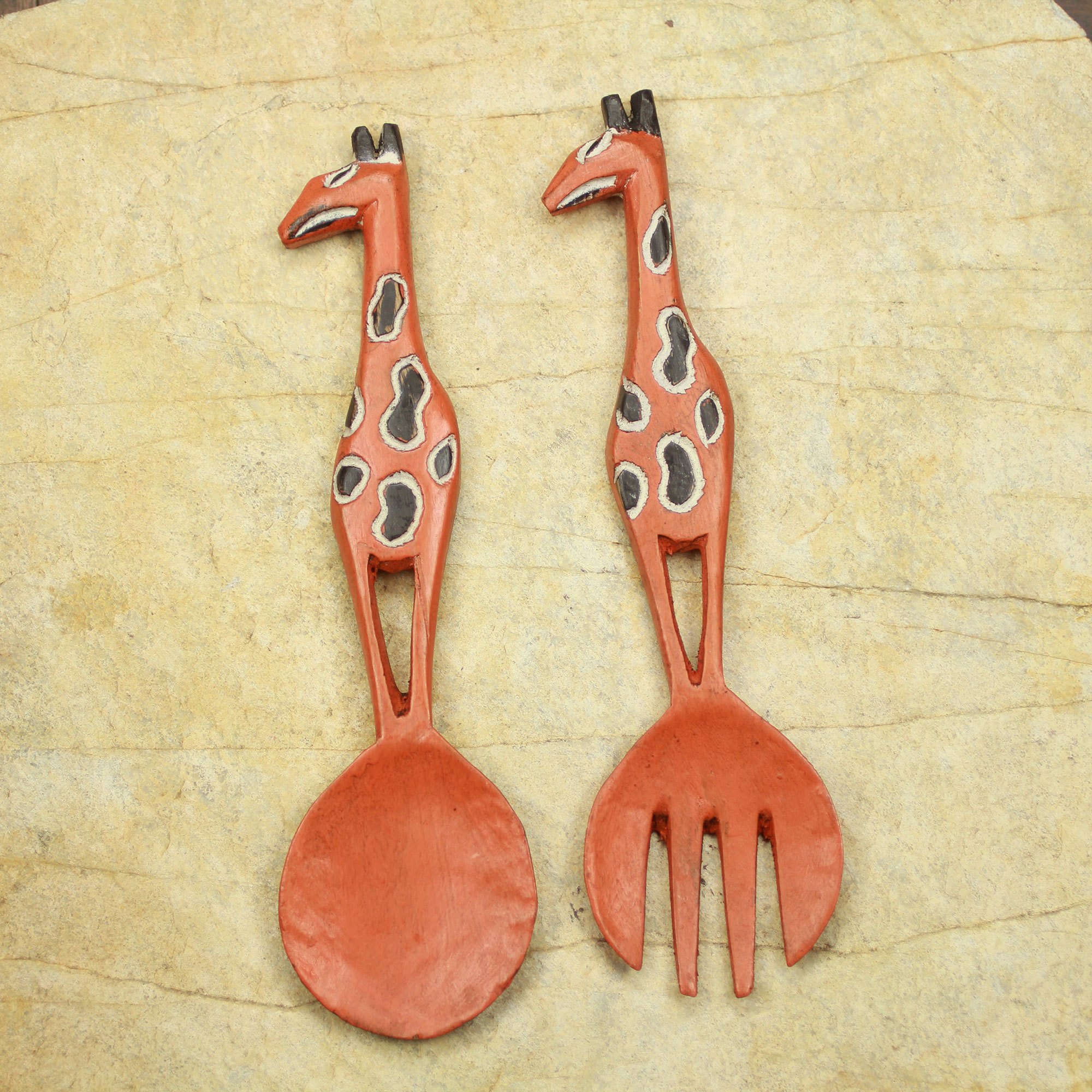 Giraffe Motif Wooden Spoon And Fork Wall Decor Pair West
