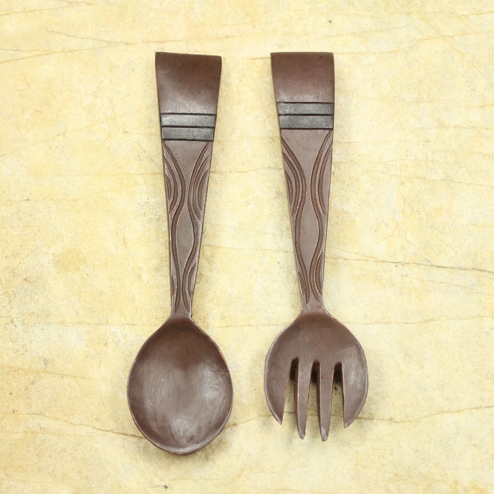 African Handmade Wood Fork And Spoon Wall Art Pair Fork And