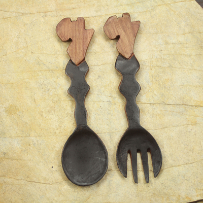 Wood wall adornments, 'Africa' (pair) - Fair Trade Decorative Wood Fork and Spoon Wall Art (Pair)