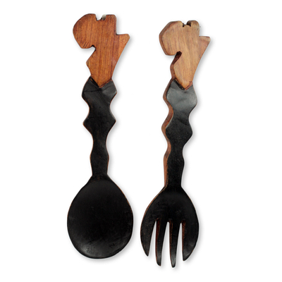 Wood wall adornments, 'Africa' (pair) - Fair Trade Decorative Wood Fork and Spoon Wall Art (Pair)