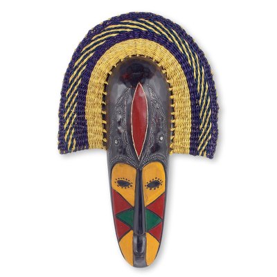 African wood and raffia mask, 'Rama II' - Hand Made African Mask with Wood and Raffia Accents