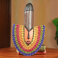 Colorful West African Wood And Raffia Decorative Mask,'Rainbow Fan'