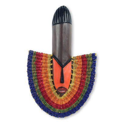 Maske aus afrikanischem Holz und Bast - Bunte dekorative Maske aus westafrikanischem Holz und Bast