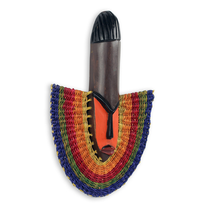 African wood and raffia mask, 'Rainbow Fan' - Colorful West African Wood And Raffia Decorative Mask