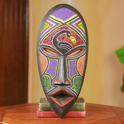 African Sun Mask Wood Aluminum Recycled Glass Bead Ghana