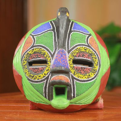 African beaded wood mask, 'Flamingo' - Unique Hand Beaded Colorful African Wood Mask Art