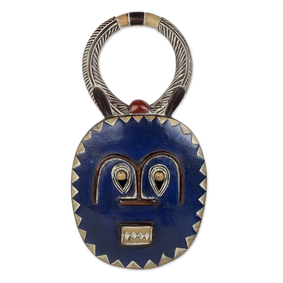 African wood mask, 'Baule Moon Blessing' - Handmade Blue Wood Baule Tribe Decorative Wall Mask