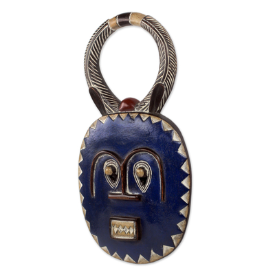 African wood mask, 'Baule Moon Blessing' - Handmade Blue Wood Baule Tribe Decorative Wall Mask