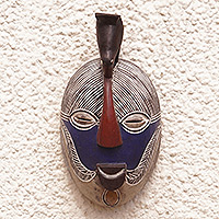 Congolese wood mask, 'Songye Kifwebe' - Handmade Congolese Wood Wall Mask with Bird Accent
