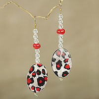 Beaded dangle earrings, 'Leopard Blessing' - Red, White and Black Animal Print Beaded Earrings