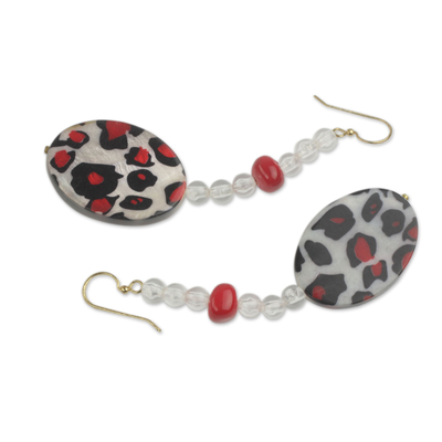 Beaded dangle earrings, 'Leopard Blessing' - Red, White and Black Animal Print Beaded Earrings