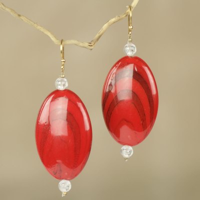 Beaded dangle earrings, 'Odopa in Red' - Red Recycled Bead Dangle Earrings Hand Made in Ghana