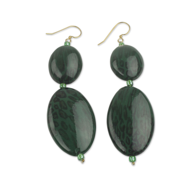Beaded dangle earrings, 'Good Thing' - Green Animal Print Bead Earrings Hand Made in Ghana