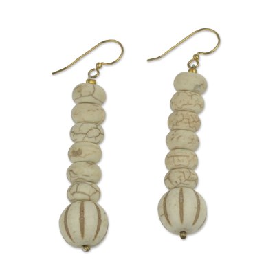 Cream Colored Agate Beaded Dangle Earrings from Ghana