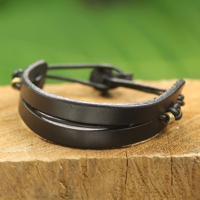 Men's leather bracelet, 'Perseverance in Black' - Black Leather and Brass Men's Bracelet from Ghana