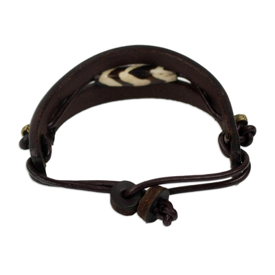 Men's leather and bone bracelet, 'Breaking Ground in Brown' - Unique Men's Bracelet in Brown Leather from Africa