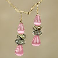 Beaded dangle earrings, 'Odefo' - Fair Trade African Beaded Earrings with Pink Cat's Eye