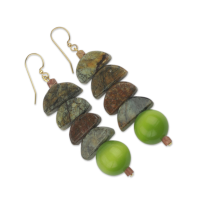Beaded dangle earrings, 'Nndwoma Kese' - Hand Beaded Earrings with Soapstone and Cat's Eye