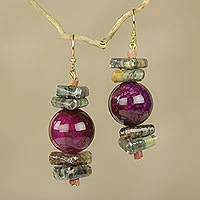 Soapstone and agate beaded earrings, 'Oboafo Ye Na' - Purple Agate and Soapstone Beaded Earrings from Ghana