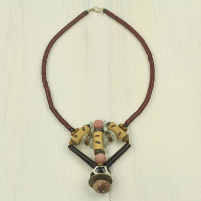 Bamboo and bone beaded necklace, 'Noble Earth' - African Beaded Necklace Hand Made with Bamboo and Bone