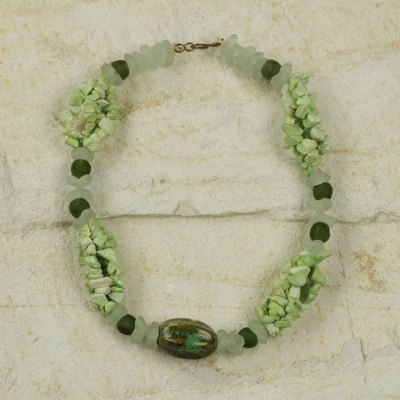 Agate and ceramic beaded necklace, 'Life is Great' - African Green Agate Handcrafted Necklace with Ceramic