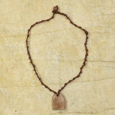 Soapstone pendant necklace, 'Antique Brown' - Soapstone Pendant on Hand Knotted Necklace from Ghana