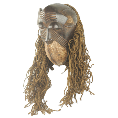 African wood and jute mask, 'Baule Gbekre I' - Handmade African Wood and Jute Monkey Mask
