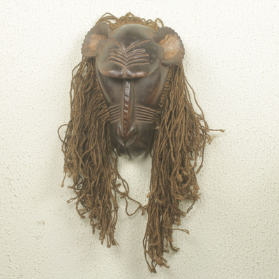 Máscara africana de madera y yute - Máscara de Mono Africano de Yute y Madera Tallada a Mano Única