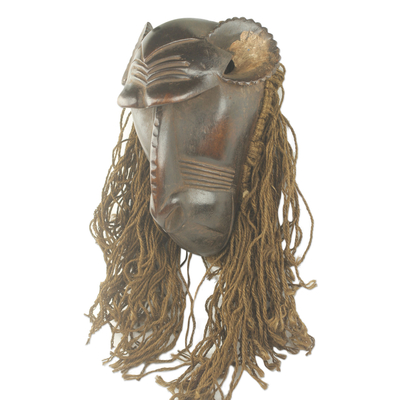 African wood and jute mask, 'Baule Gbekre II' - Unique Hand Carved Wood and Jute African Monkey Mask
