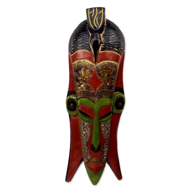 Colorful Wood and Embossed Metal Wall Mask from Ghana