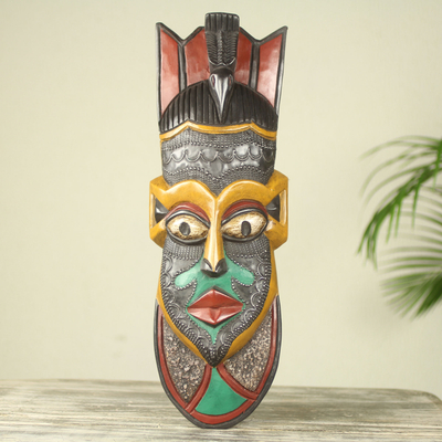 African wood mask, 'Hevi Vi' - Painted African Mask Handcrafted from Wood and Metal