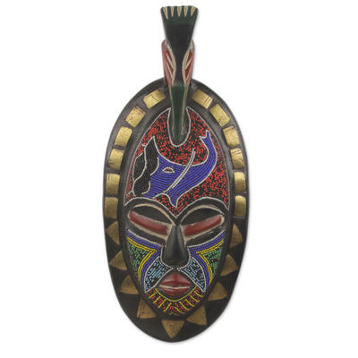 African beaded wood mask, 'Ekua' - Unique Beaded African Wood Mask with Brass Accents