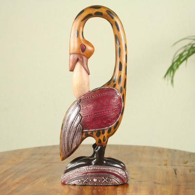 African wood carving, 'Spotted Sankofa' - Colorful African Wood Bird Sculpture Hand Carved in Ghana
