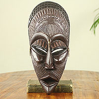 African wood mask, 'Yaa Asantewa' - Unique Hand Crafted Wood and Metal African Mask